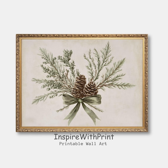 Christmas Botanical Pinecones and Cedar Branch Vintage Poster