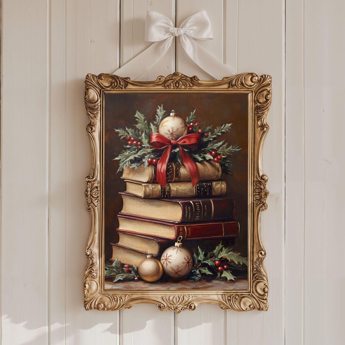 Vintage Christmas Book Stack With Holly and Ornaments Poster