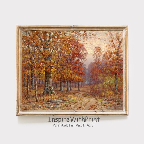 Vintage Autumn Forest Road Painting Golden Fall Trees Lane Poster
