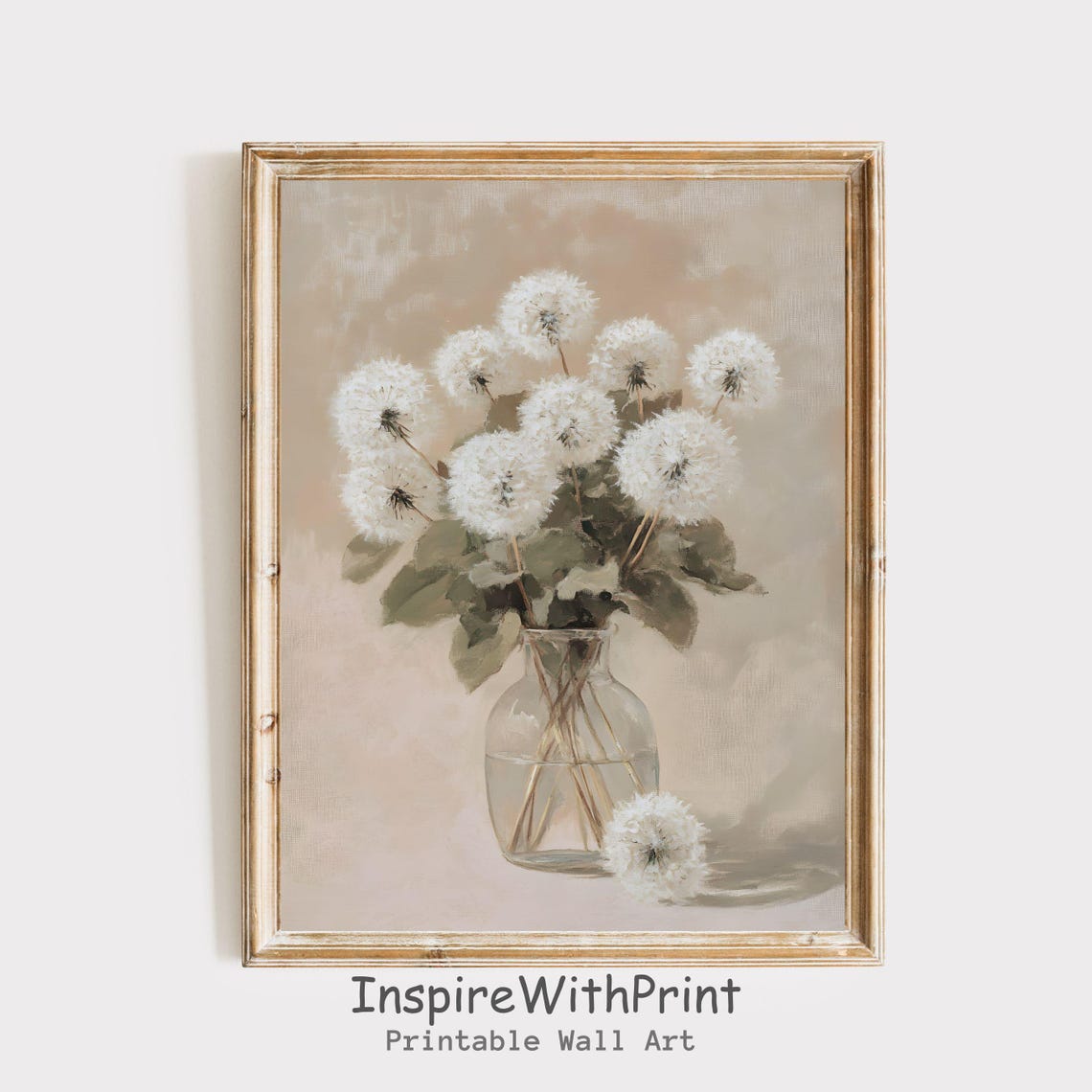Soft Neutral Dandelion Bouquet Vase Warm Beige Vintage Floral Poster