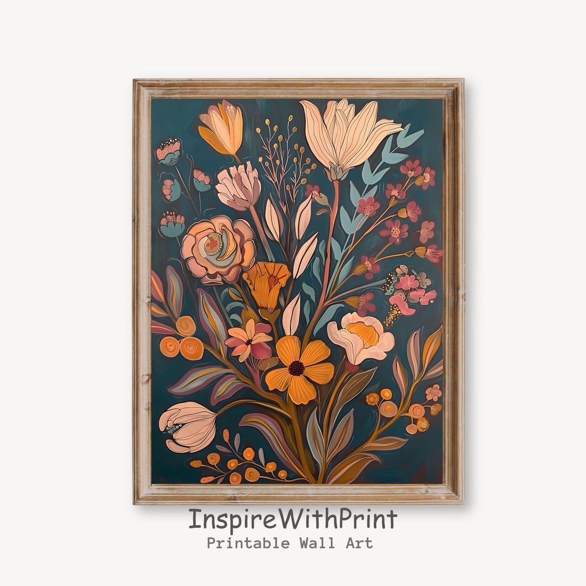 Boho Lily and Tulip Floral Bouquet Dark Botanical Art Poster