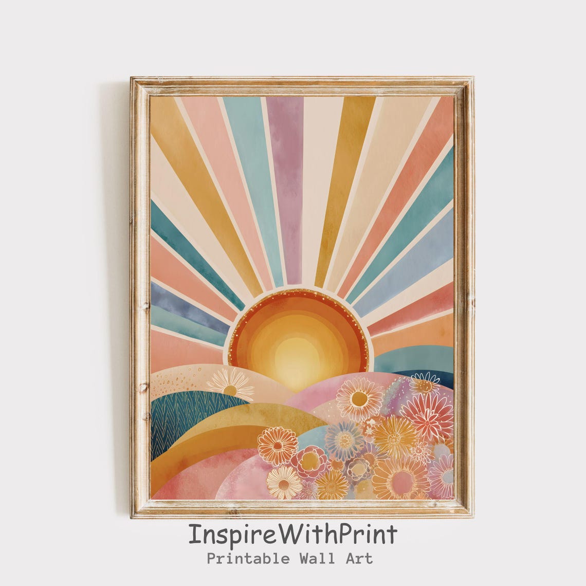 Boho Golden Sunset Over Daisy Hills Retro Sun Poster Decor Piece