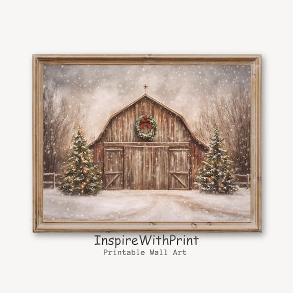 Snowy Rustic Christmas Barn With Wreath And Two Lit Trees Poster