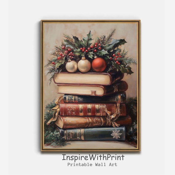 Cozy Christmas Vintage Book Stack With Holly And Ornaments Poster