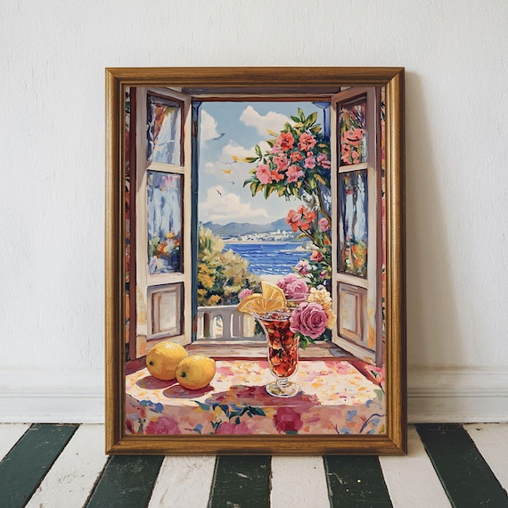 Matisse Style Open Window Sea View with Lemons and Flowers Poster