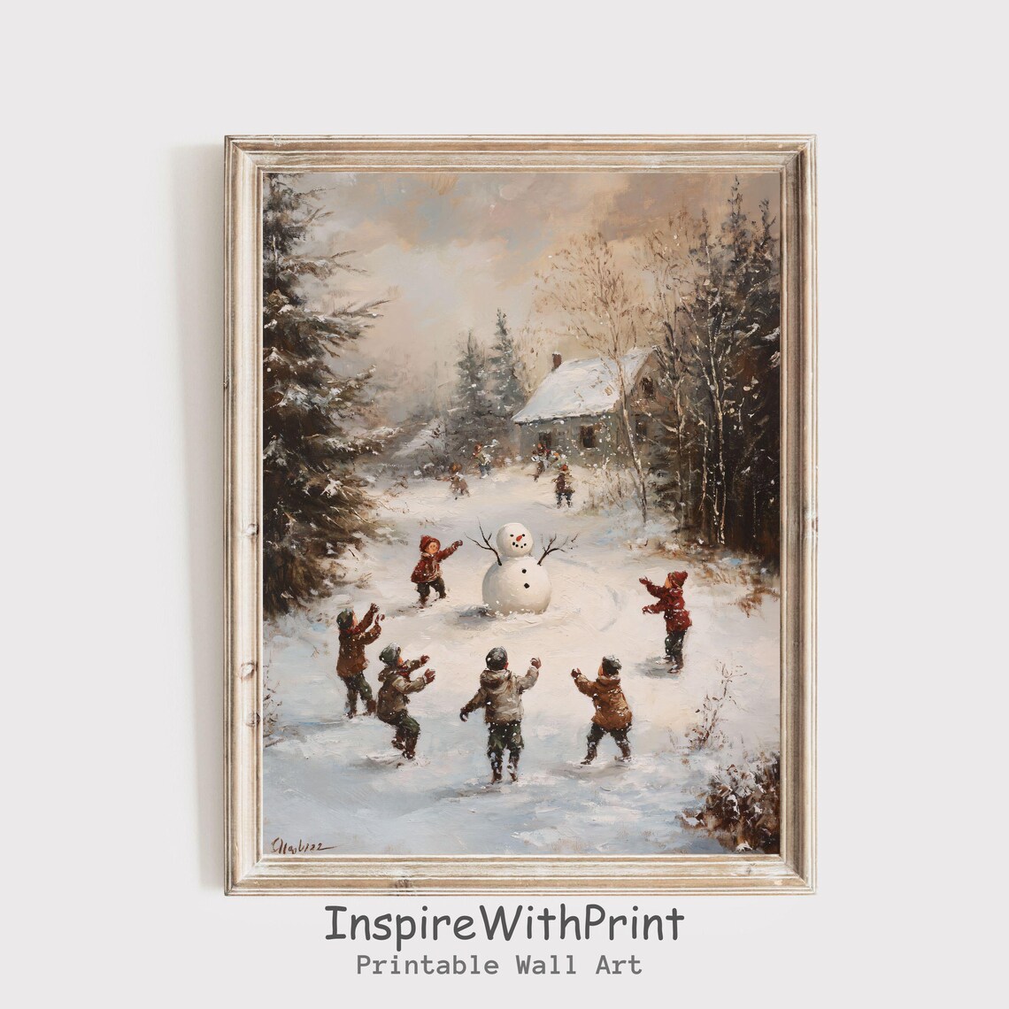 Winter Kids Playing in Snow Farmhouse Christmas Art Print