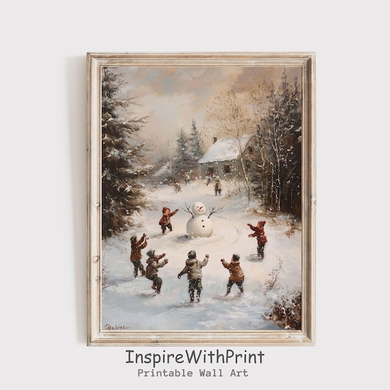 Winter Kids Playing in Snow Farmhouse Christmas Art Print