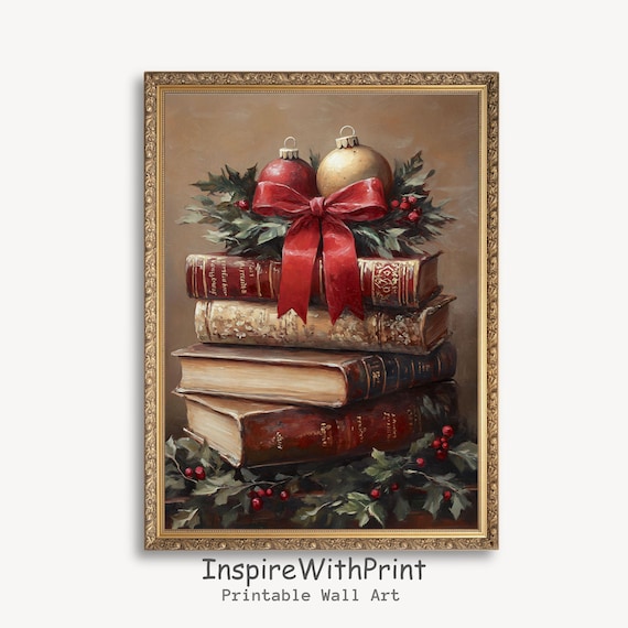 Cozy Vintage Christmas Book Stack with Ornaments and Holly Poster