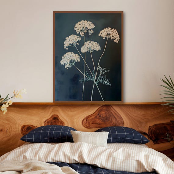 Moody Floral Wall Art Dark Botanical Print Navy Blue Wildflowers Rustic Flower Decor