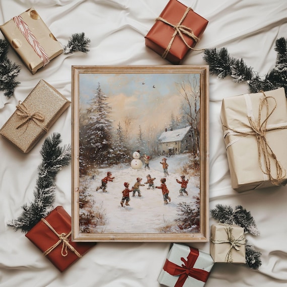 Vintage Children Playing in Snow Christmas Winter Village Poster