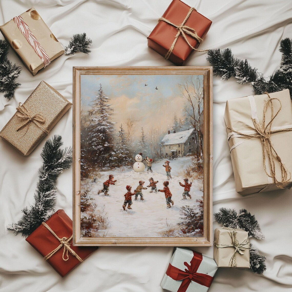 Vintage Children Playing in Snow Christmas Winter Village Poster