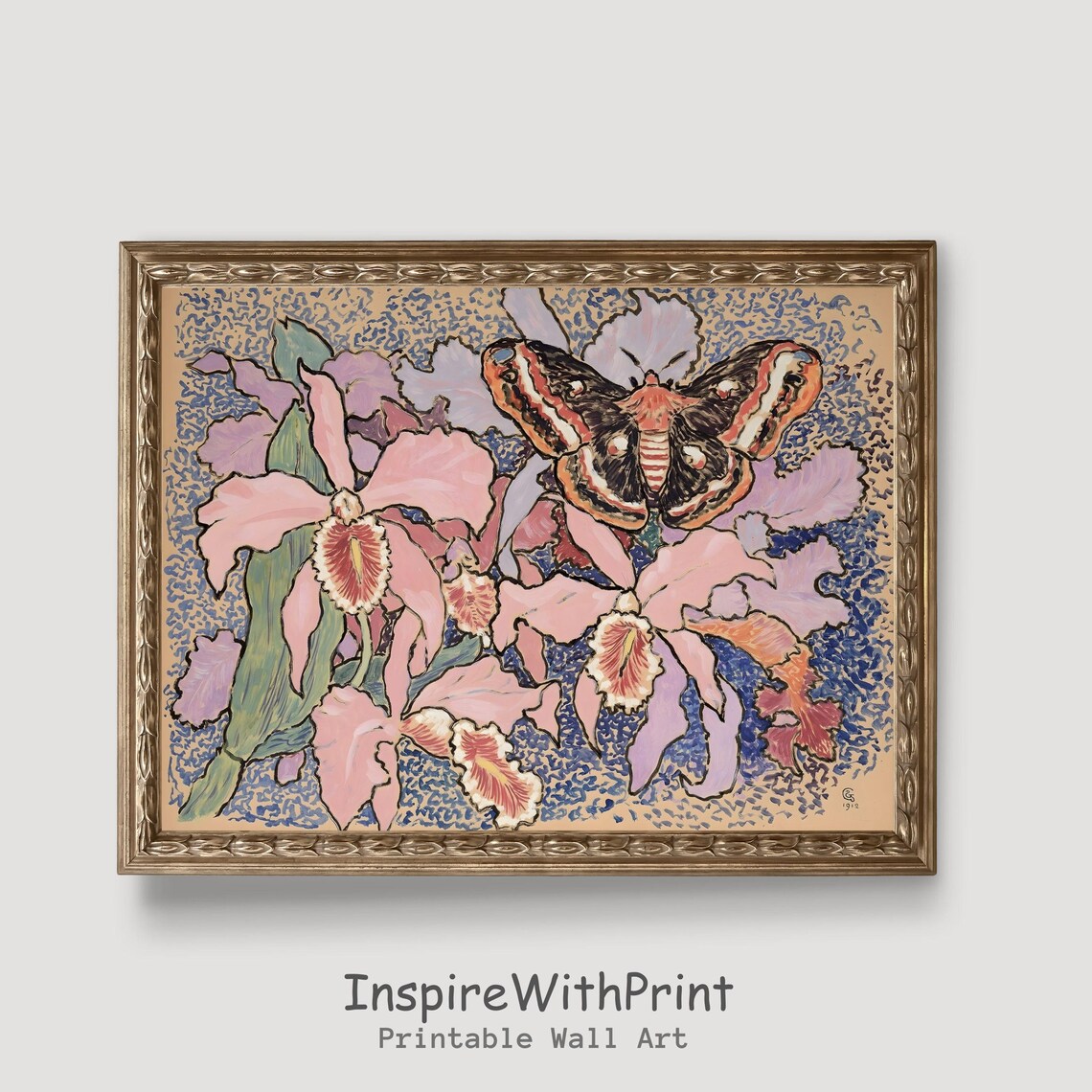 Vintage Pink Orchid and Moth Botanical Floral Painting Wall Art