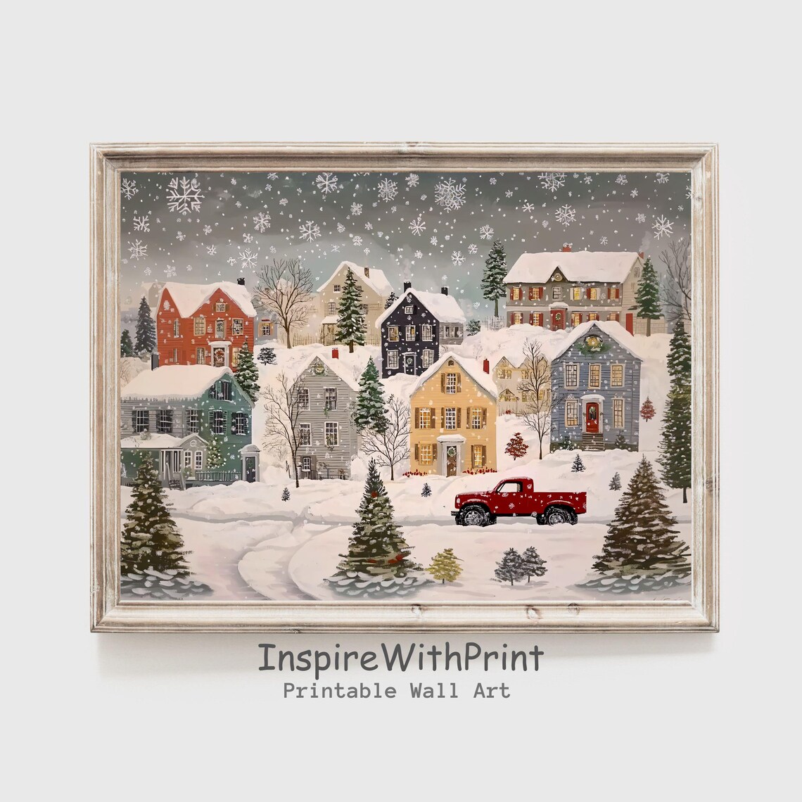 Snowy Christmas Town With Glowing Houses And Classic Red Truck Poster