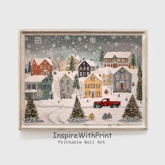 Snowy Christmas Town With Glowing Houses And Classic Red Truck Poster