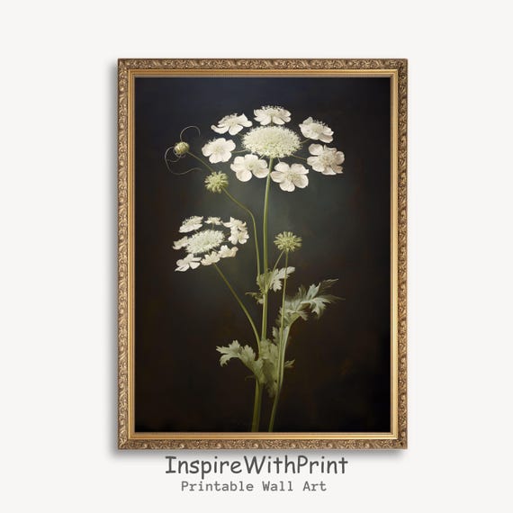 Vintage White Flower Print Moody Floral Art Antique Dark Rustic Botanical