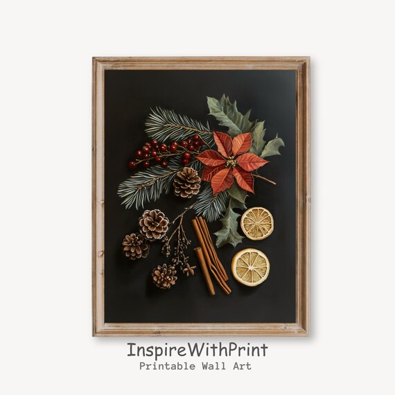 Vintage Christmas Botanical Still Life With Pine Cones Dark Moody Poster