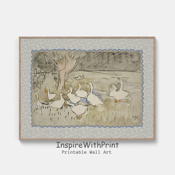 Vintage Nursery Duck Print Cottage Core Wall Art Drawing Country Style Farmhouse