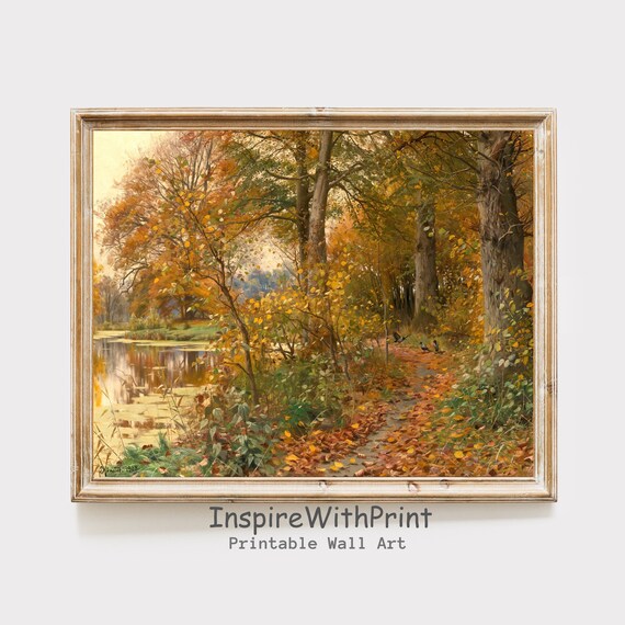Vintage Autumn Forest Lakeside Golden Fall Foliage Oil Painting Print