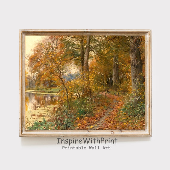 Vintage Fall Road Painting Landscape Print Moody Autumn Scenery Art Farmhouse Wall Decor Wood Lane