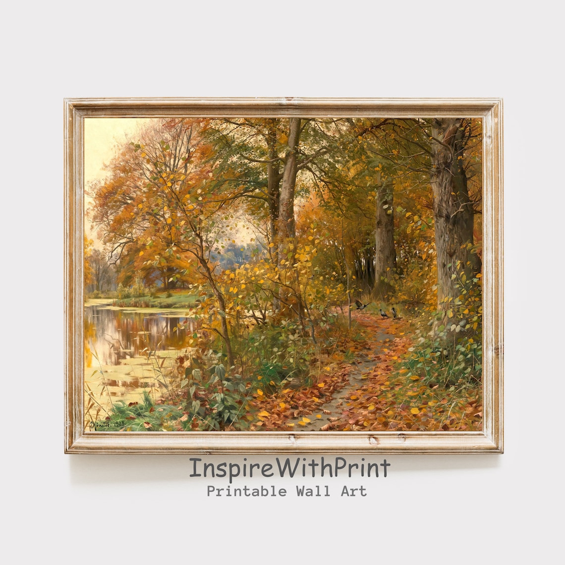 Vintage Autumn Forest Lakeside Golden Fall Foliage Oil Painting Print