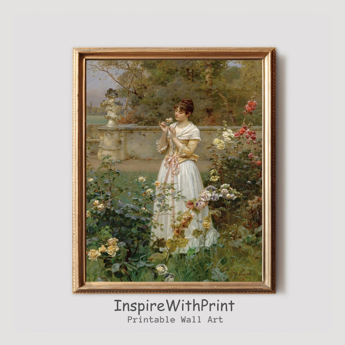 Vintage Woman Smelling Rose in the Garden Academic Oil Painting Poster