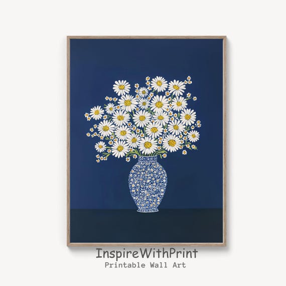 Daisy Flower Bouquet In Chinoiserie Vase Print Daisies Wall Art Moody White Floral Still Life Blue Painting