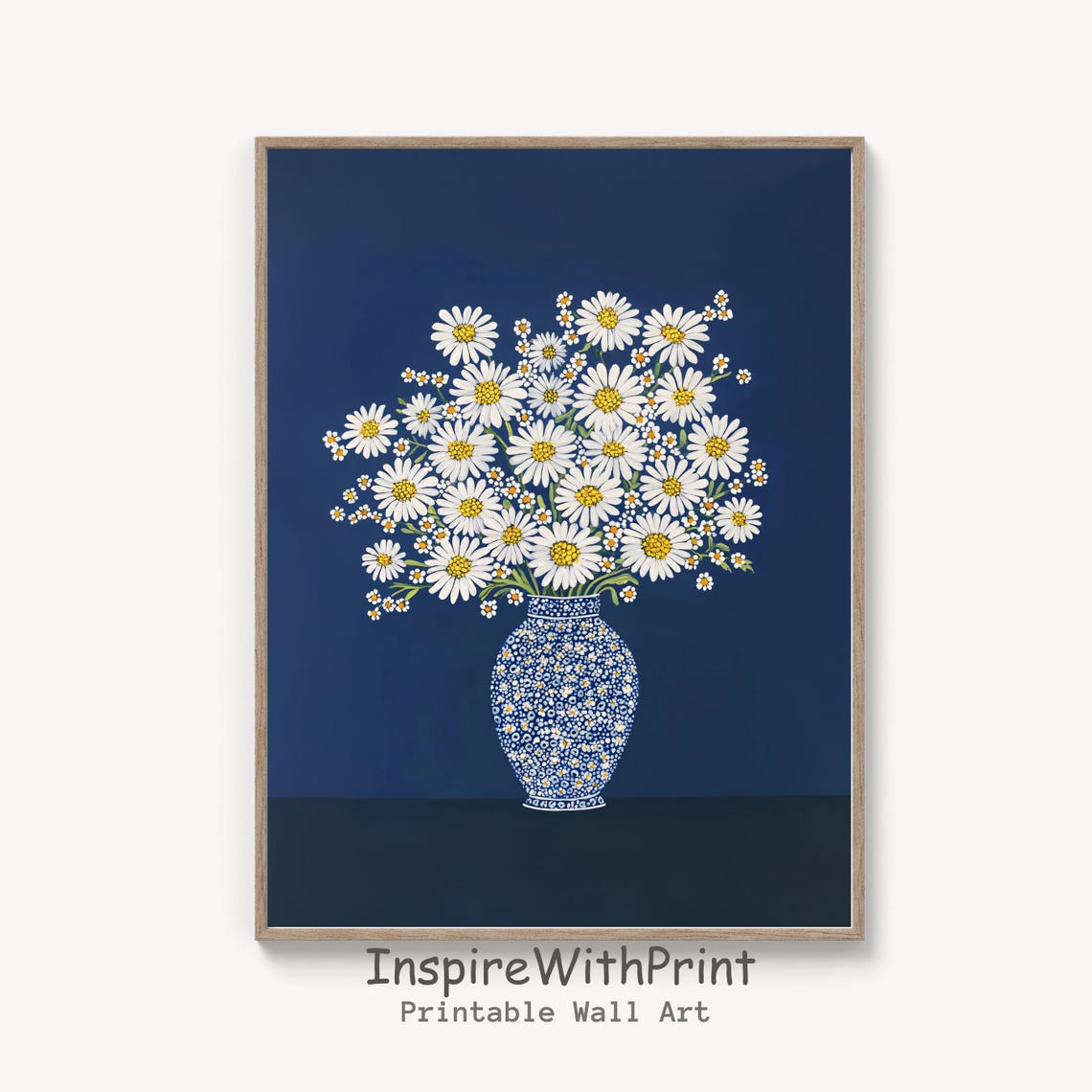 Daisy Flower Bouquet In Chinoiserie Vase Art Print Navy Background
