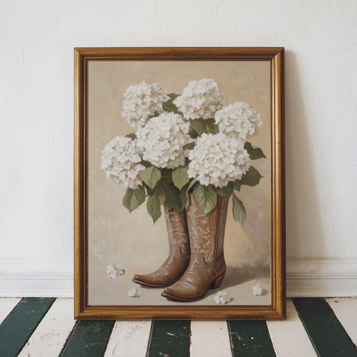 Cowboy Boots With White Hydrangeas Western Floral Neutral Wall Art