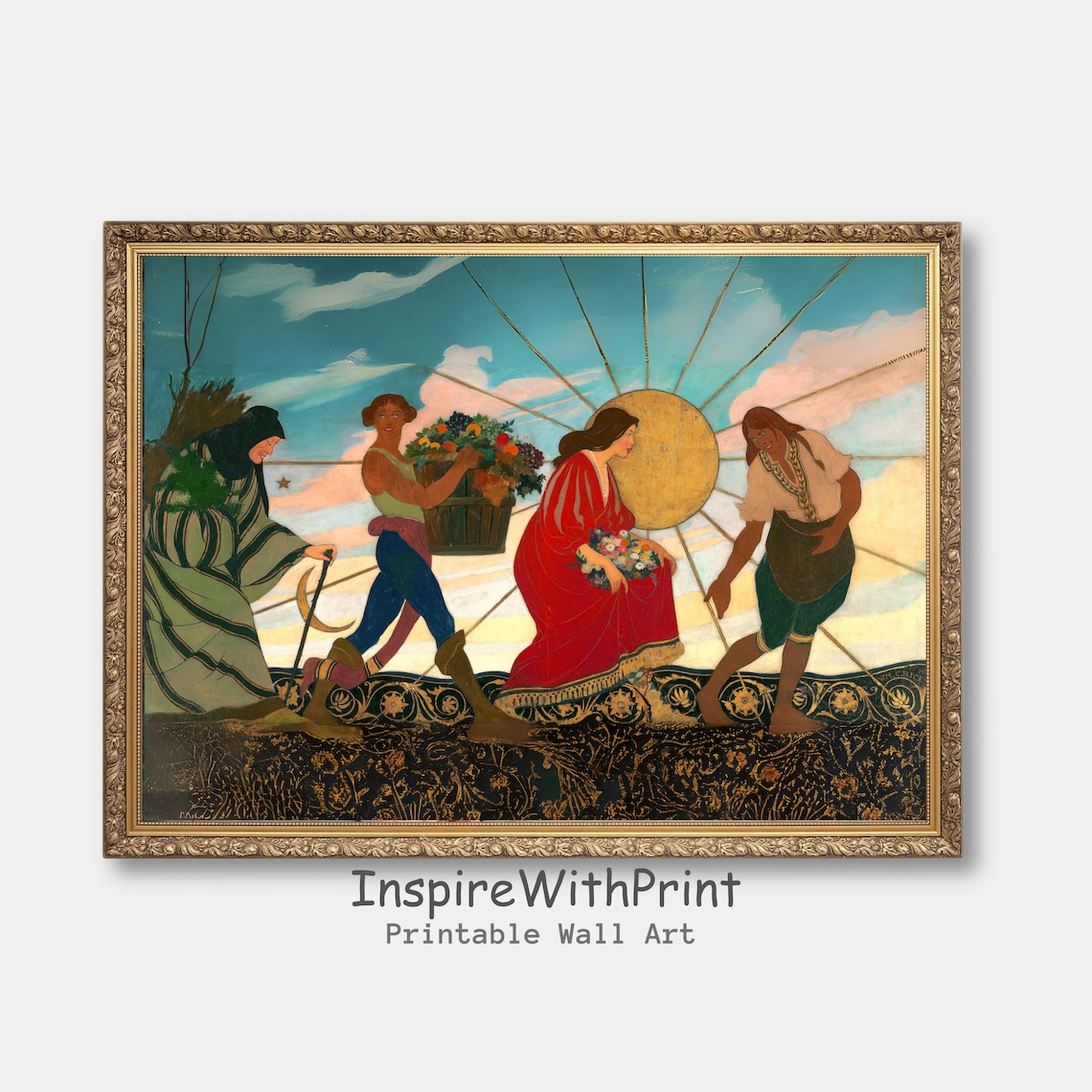Four Seasons Allegorical Women Golden Sun Vintage Painting Poster