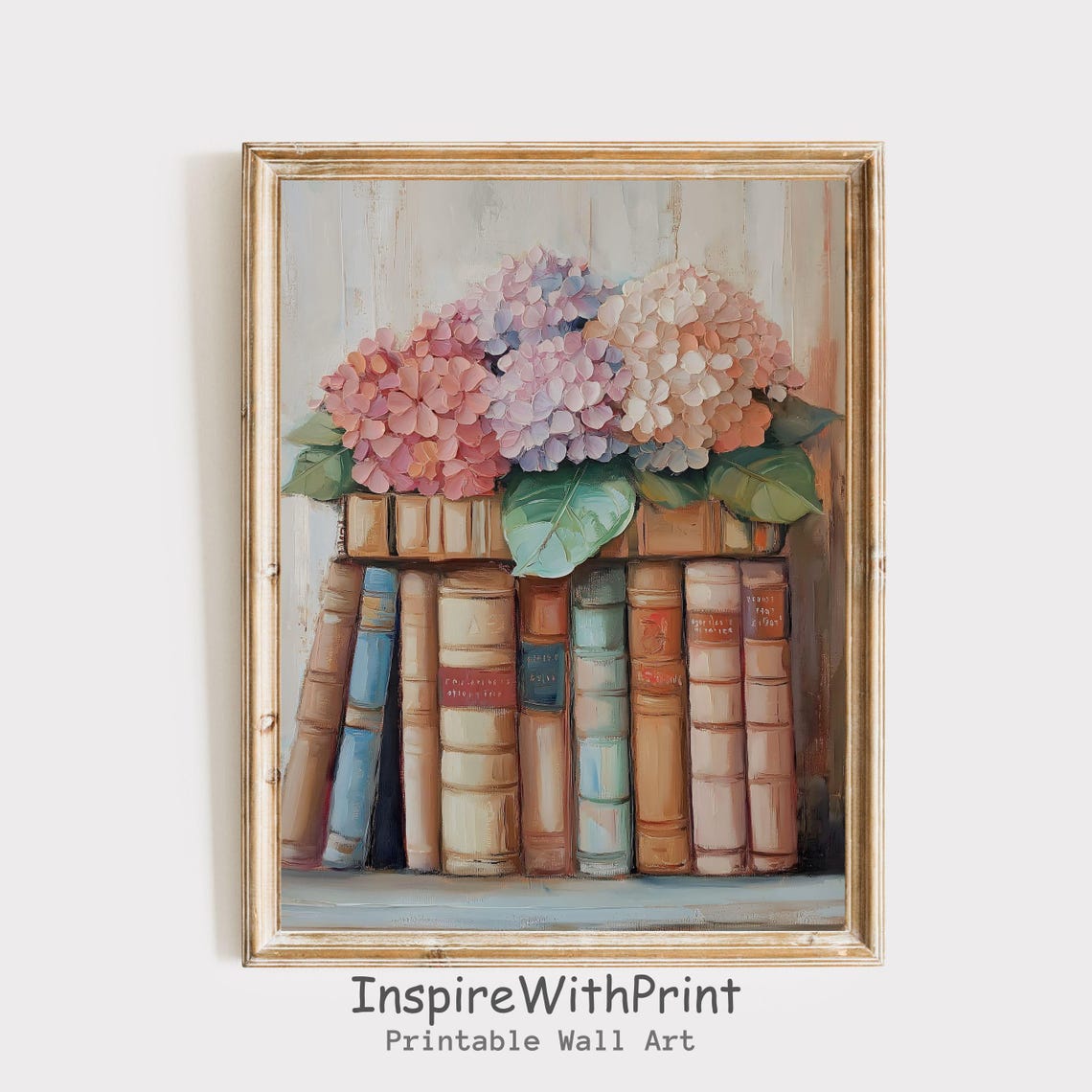Vintage Books Stack With Pink Hydrangea Flowers Rustic Poster