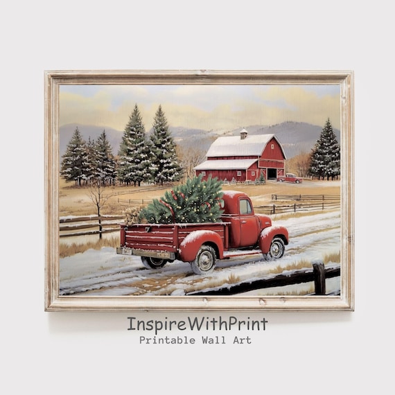 Vintage Red Truck Christmas Tree Poster Snowy Barn Farm Holiday Decor