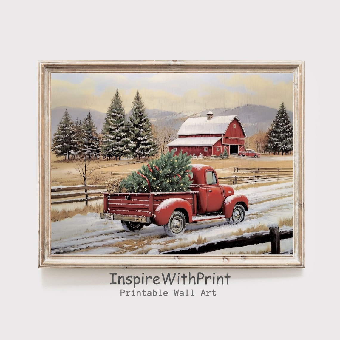 Vintage Red Truck Christmas Tree Poster Snowy Barn Farm Holiday Decor