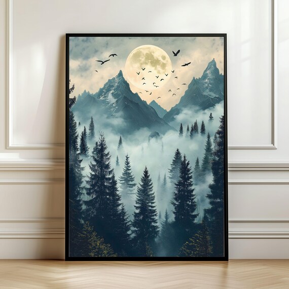 Misty Mountain Range Full Moon Pine Forest Landscape Art Poster