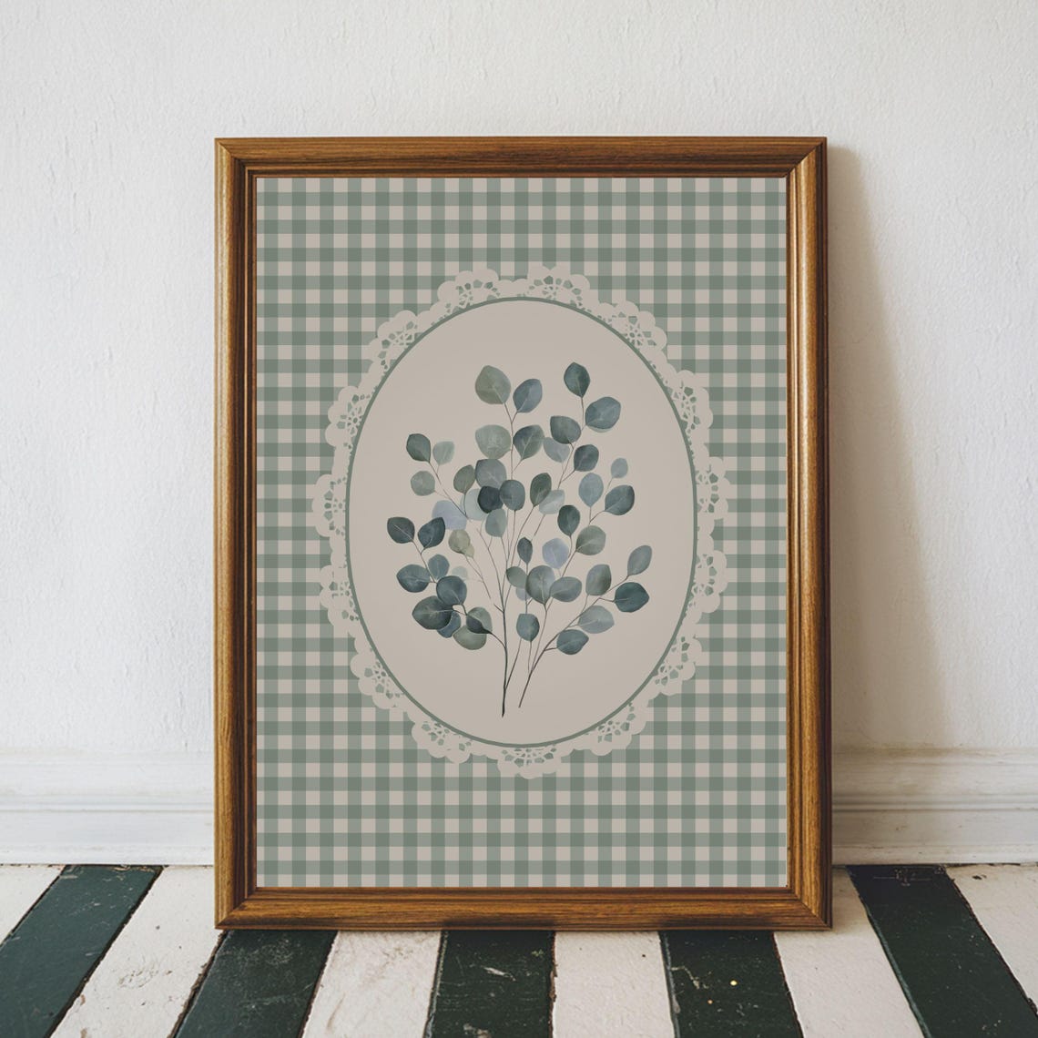 Watercolor Eucalyptus Sprig in Lace Oval on Sage Gingham Print