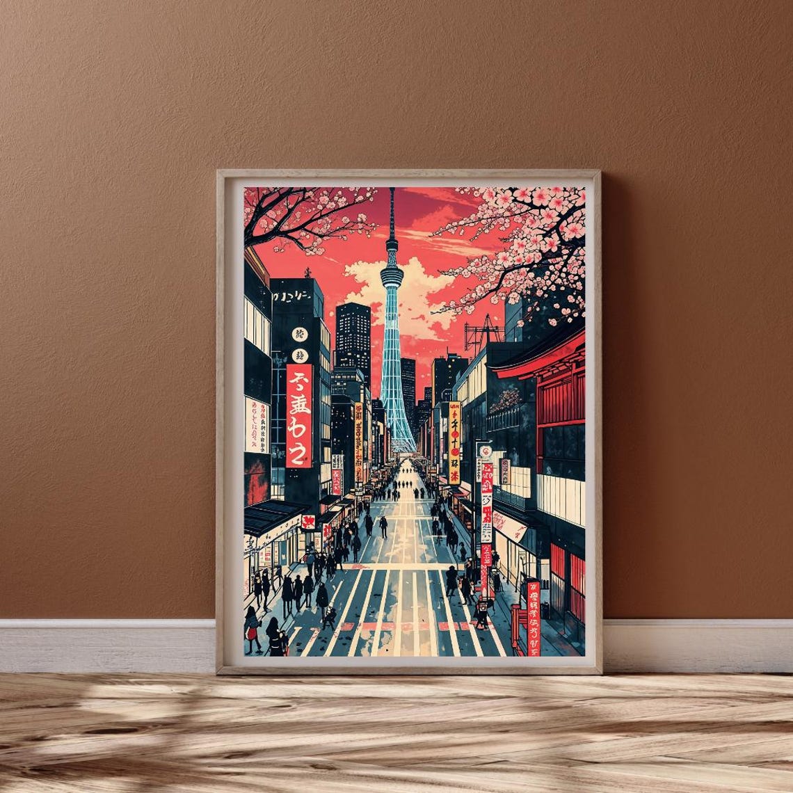 Tokyo Japan Skytree Sunset Street Scene Anime Style Wall Art