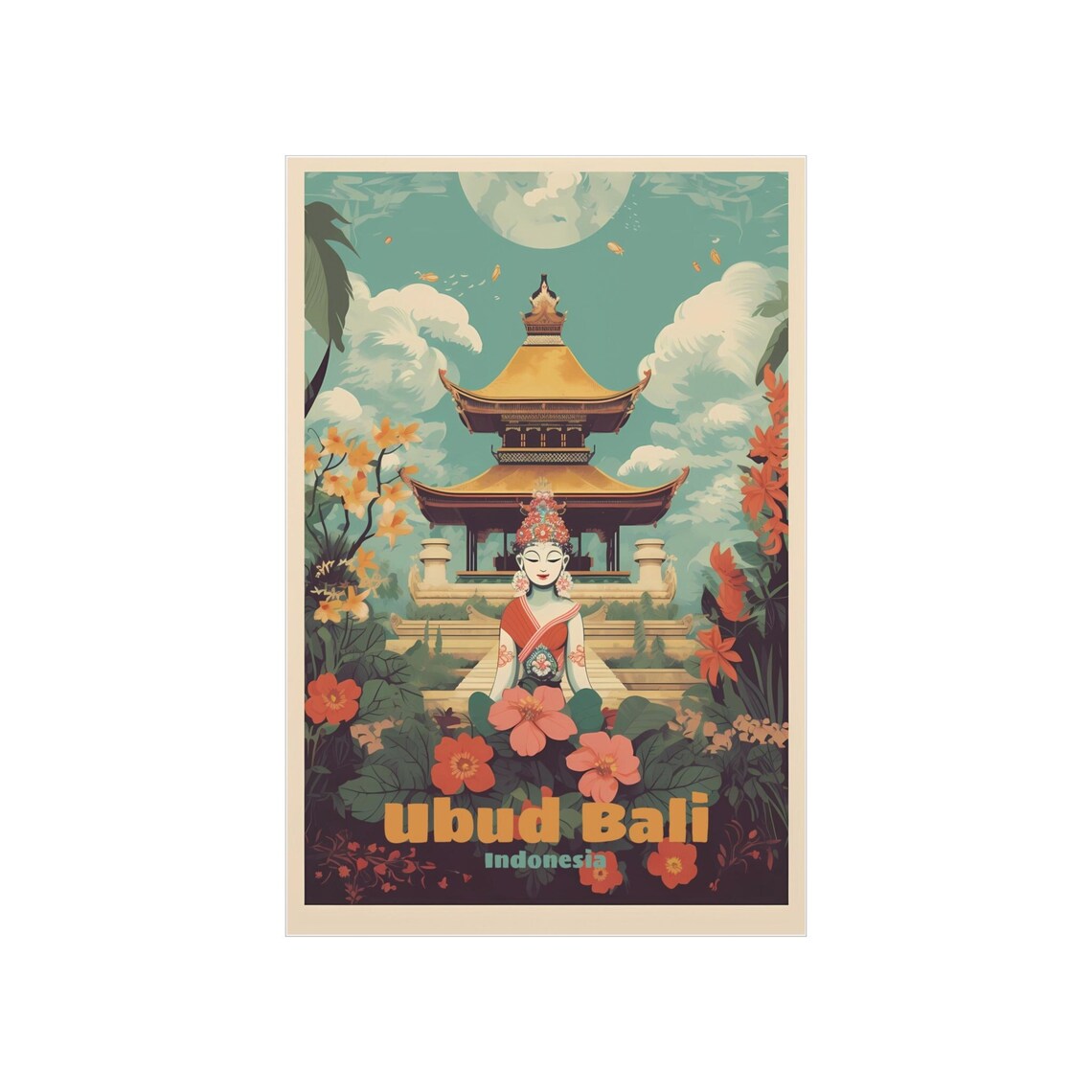 Bali Vintage Retro Travel Poster, Ubud Indonesia