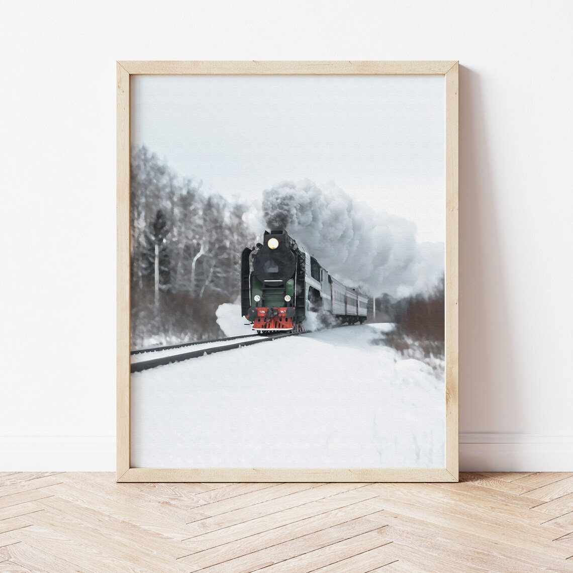 Steam Locomotive Train Painting, Winter Landscape - Image 2