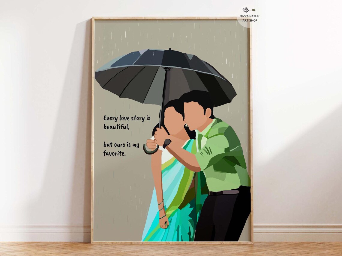 Couple Under an Umbrella in the Rain Sweet Love Story Art Poster