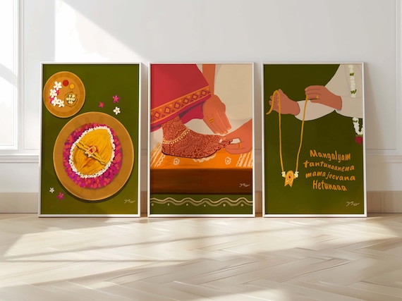 Set Of 3 Wedding Painting Instant Desi Art South Tamil Gift Poster Traditional Mangalsutra