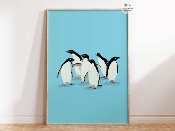 Group of Penguins Minimalist Illustration Blue Background Poster