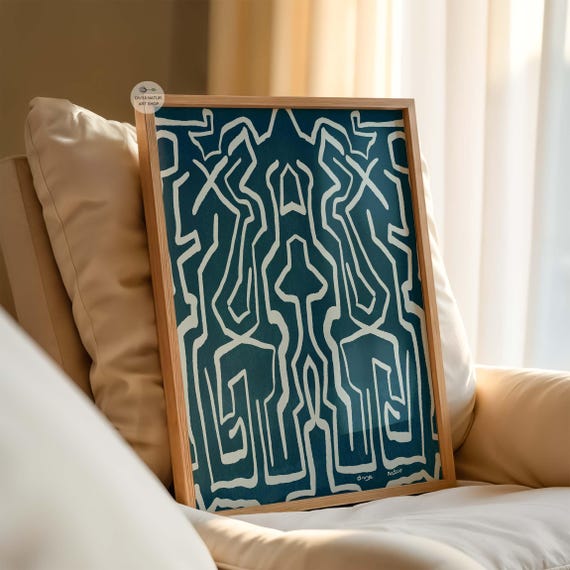 Abstract Tribal Line Art Print Blue White Geometric Painting