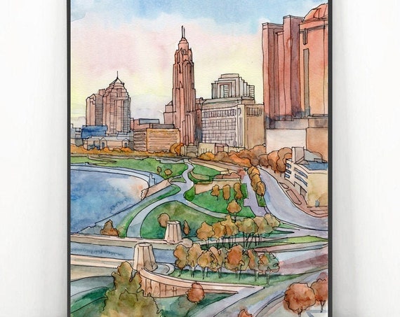Columbus Ohio Print Abstract City Art Watercolor Skyline Cityscape Wall Poster