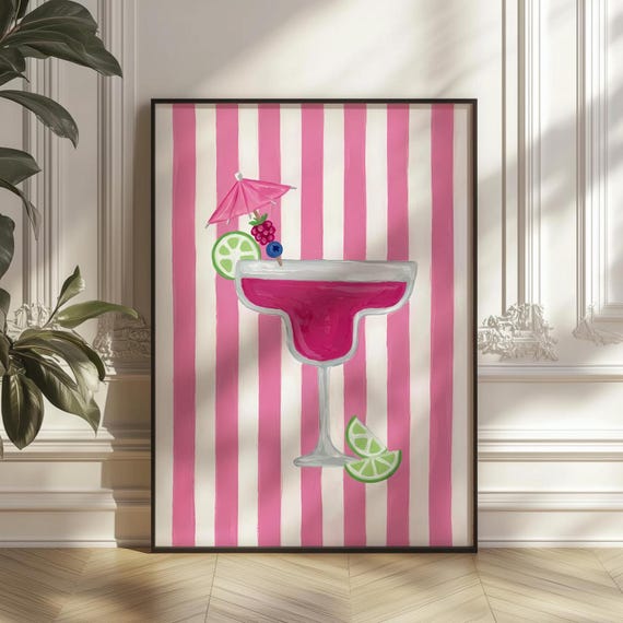 Pink Margarita Cocktail Poster, Retro Striped