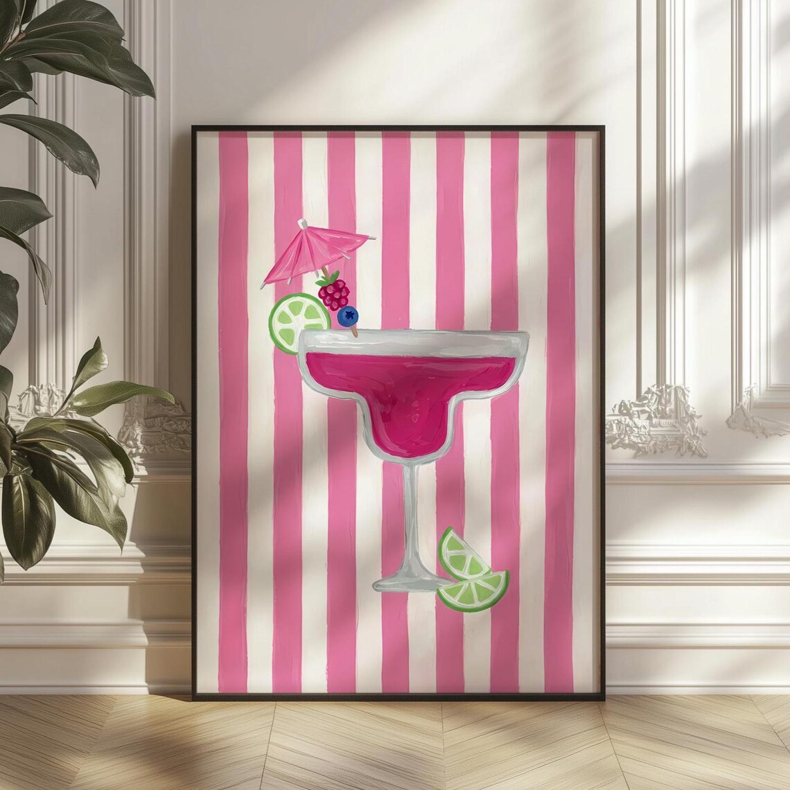 Pink Margarita Cocktail Poster, Retro Striped