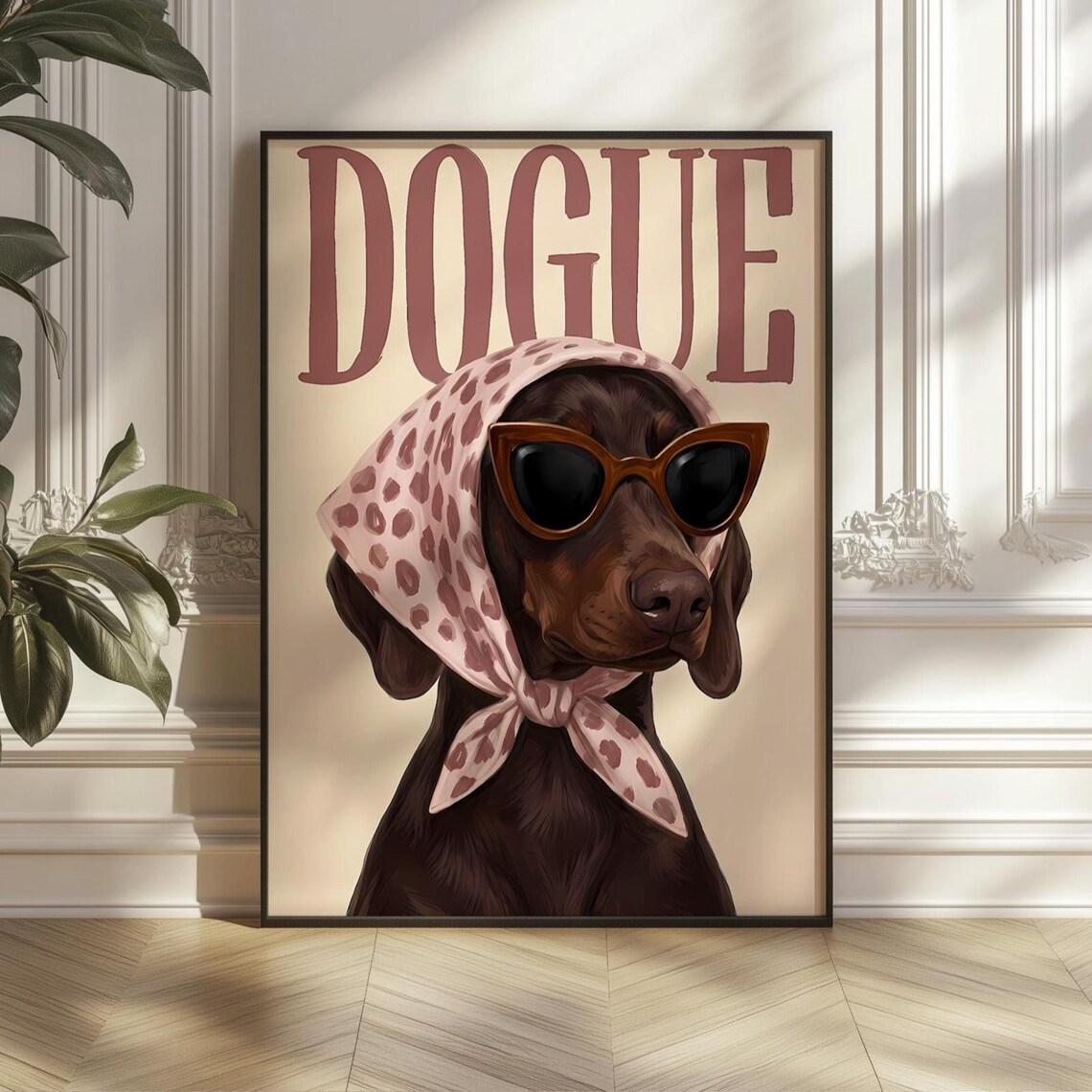 Dogue Dachshund In Sunglasses And Headscarf Funny Retro Fashion Poster