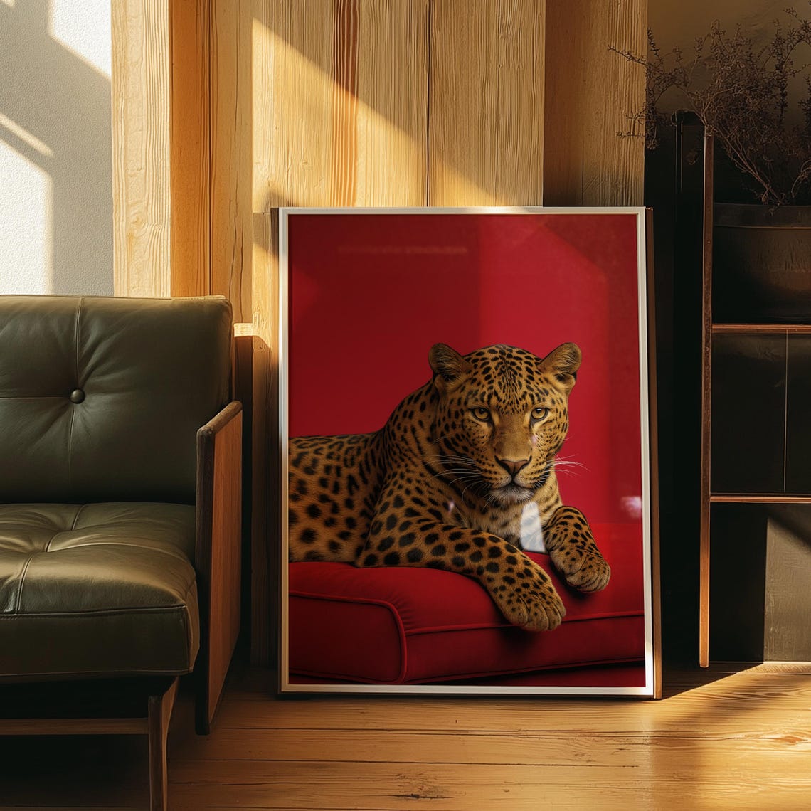 Leopard Resting On Red Couch Bold Modern Wildlife Portrait Poster
