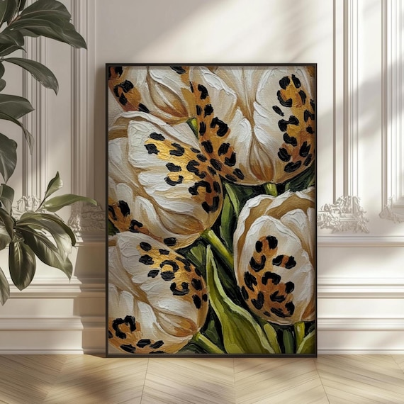 Leopard Tulip Poster White Floral Botanical Art Modern Maximalist Abstract Print Digital Download