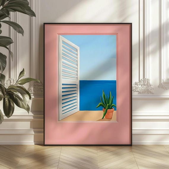 Mediterranean Sea View Window Print Pink Coastal Wall Art Ocean Horizon Digital Download Summer Beach Home Decor Printable
