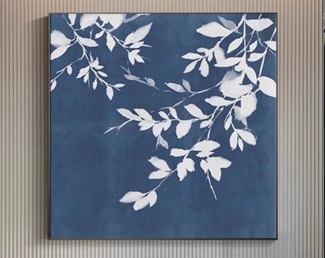 White Branches on Deep Blue Wabi Sabi Botanical Painting Poster