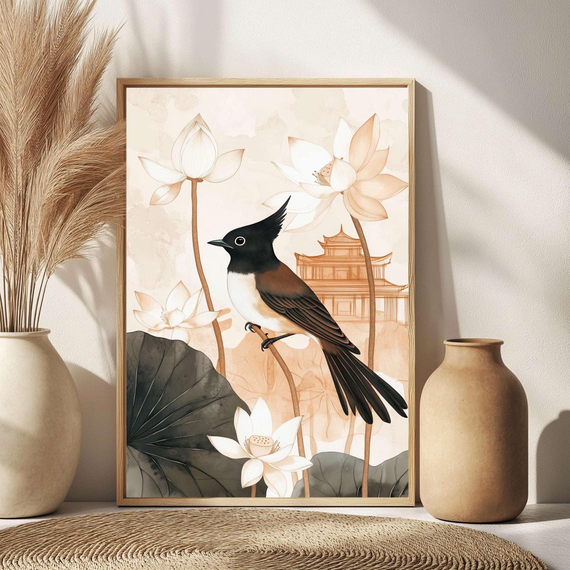 Black Crested Songbird Lotus Bud Pagoda Japandi Botanical Poster